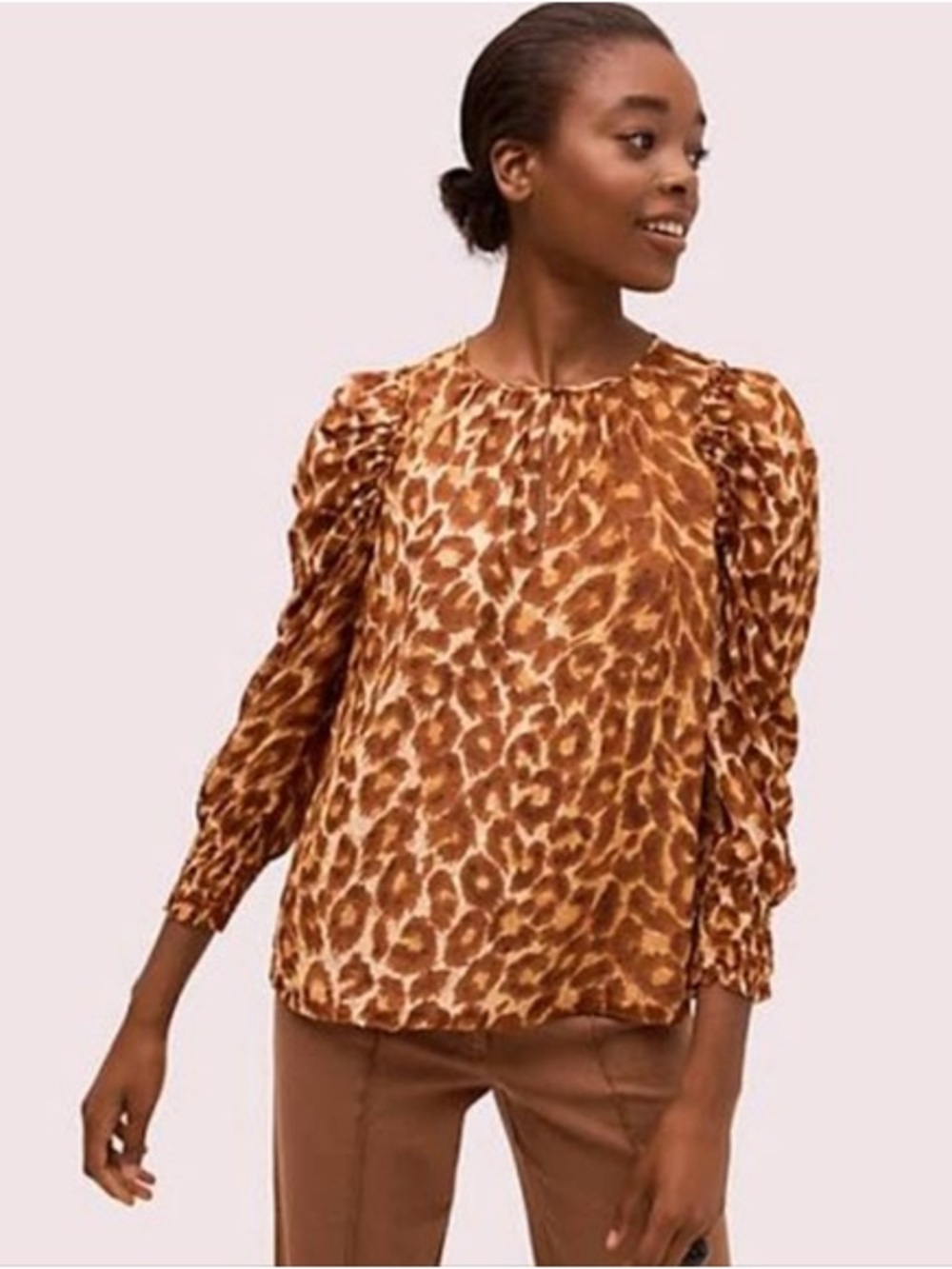 kate spade 100% silk Brown Leopard-Print Puff-Sleeve Blouse $328